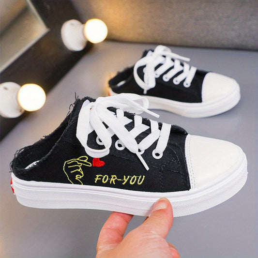 Women's Cartoon Canvas Shoes Casual Lace Up Mule Sneakers