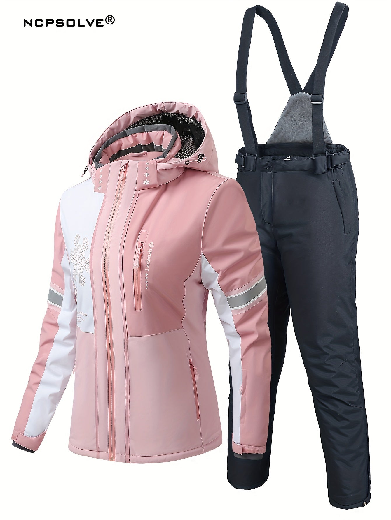 Colorblock Snowflake Ski Set Zip Hooded Jacket & Suspender Trouser