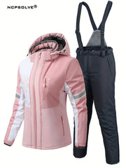 Colorblock Snowflake Ski Set Zip Hooded Jacket & Suspender Trouser