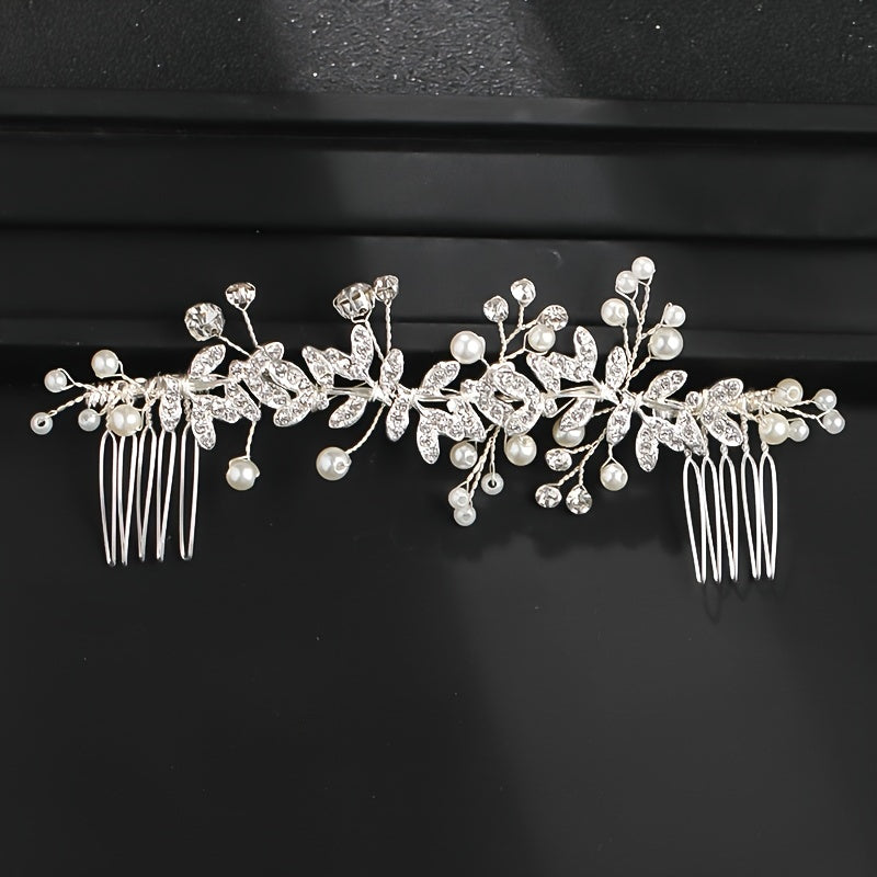 Crystal Faux Pearl Leaf Bridal Hair Comb - Wedding Hair Accessories