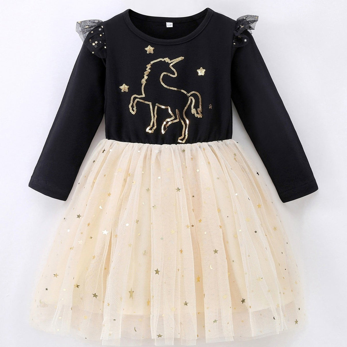 Girls Sequins Unicorn Embroidered Dress Stars Mesh Princess