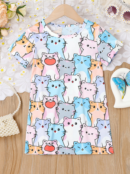 Cats Allover Print Girls Short Sleeve T Shirt Dress