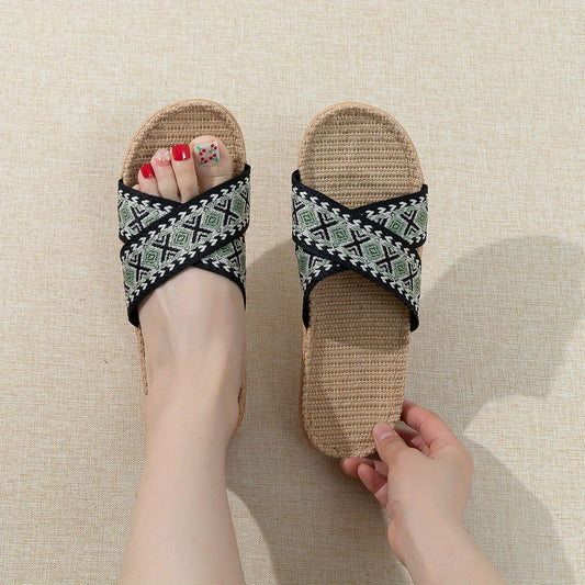 Women's Cross Straps Knit Slides Slip On Open Toe Non-slip Home Shoes