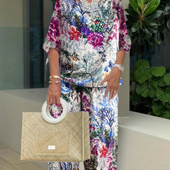  Floral Print Top & Wide Leg Pants Set