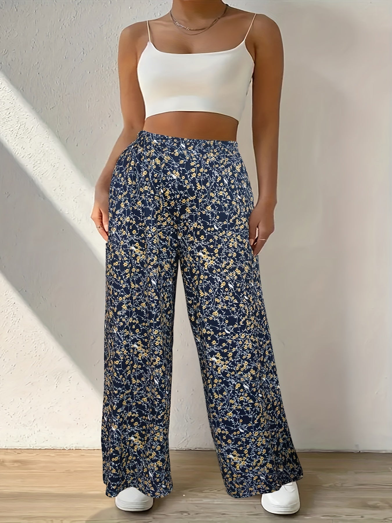  Boho Pants Women's Plus Ditsy Floral Print Elastic Waist Wide Leg Pant