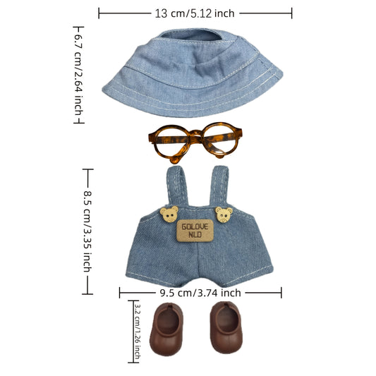 LABUBU Outfit Fisherman Hat Denim Overalls Glasses Shoes