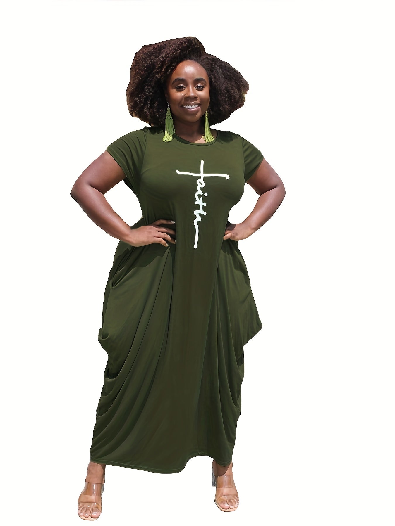 Women's Plus Letter Print Long Sleeve Round Neck Casual Dress