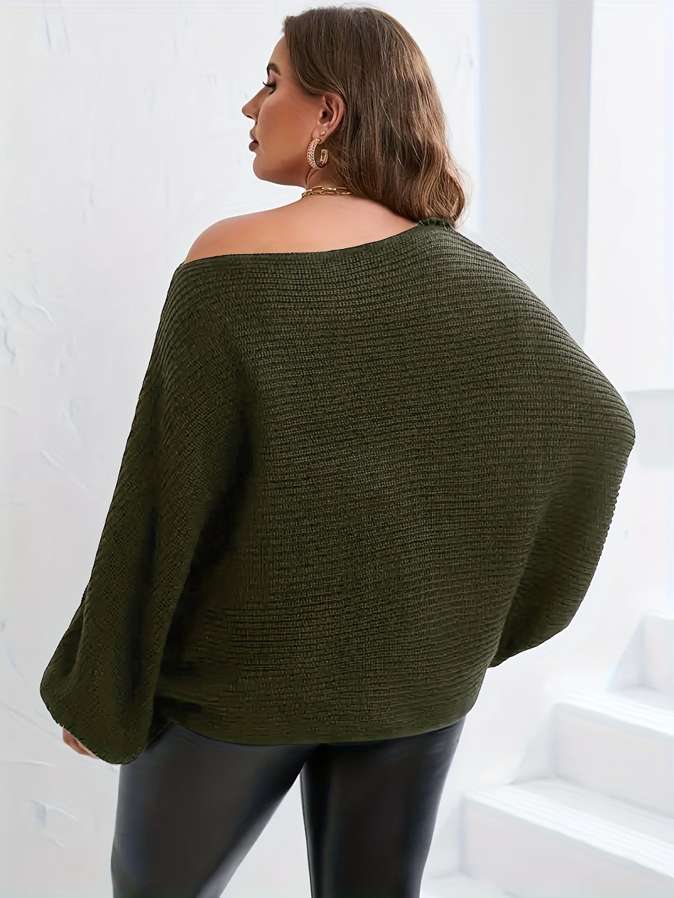  Off Shoulder Batwing Solid Sweater Women's Plus Casual