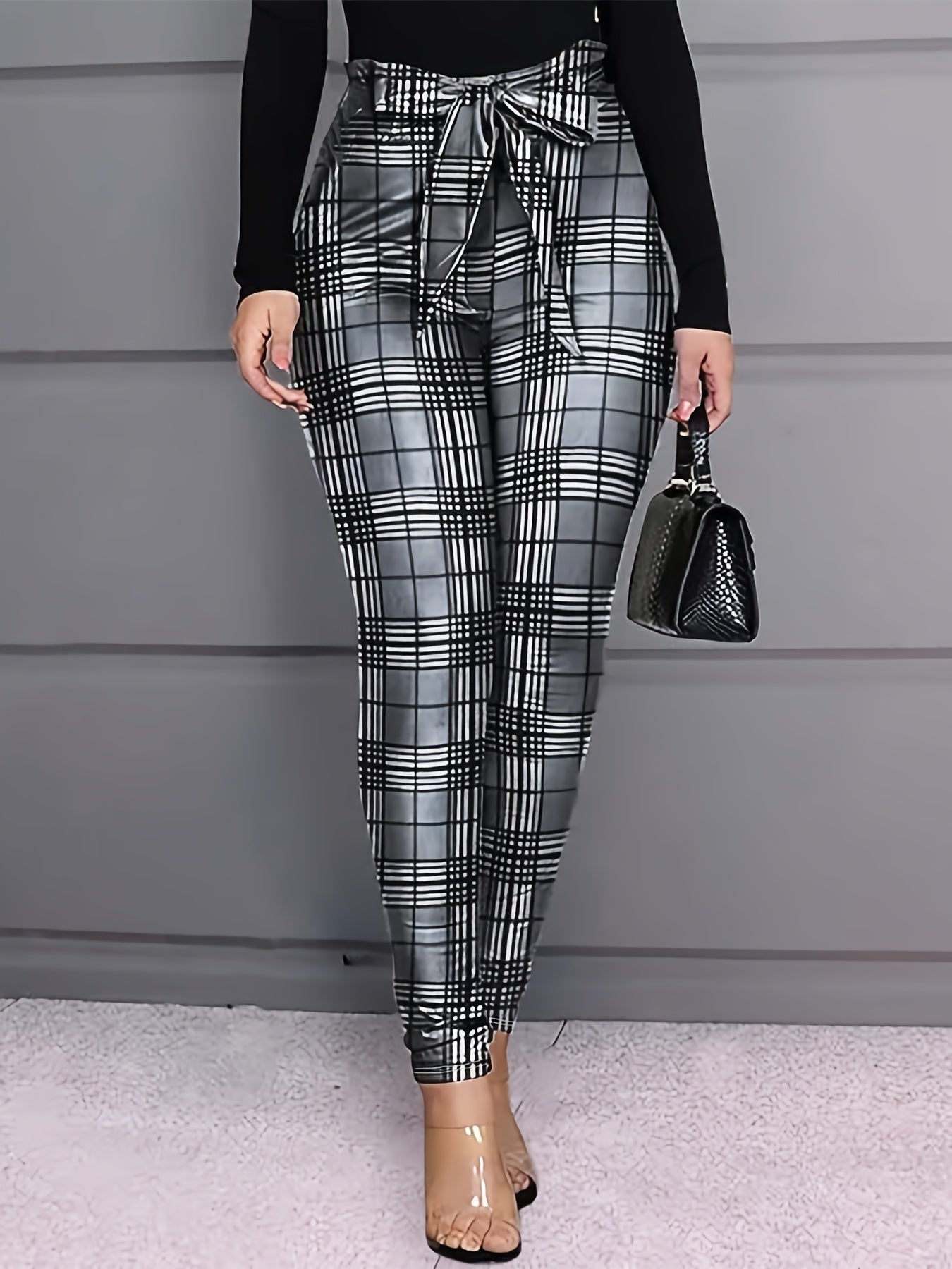 Plus Plaid Print Knot Front High Rise Straight Leg Trousers
