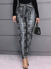 Plus Plaid Print Knot Front High Rise Straight Leg Trousers