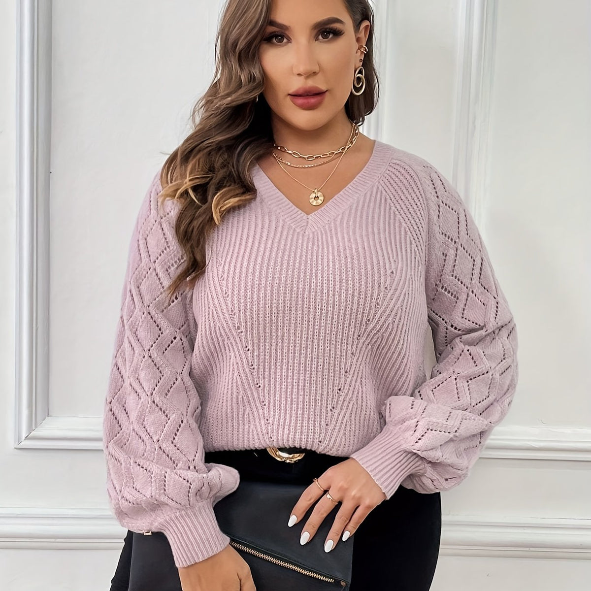  Solid Argyle Pattern Lantern Sleeve V Neck Sweater