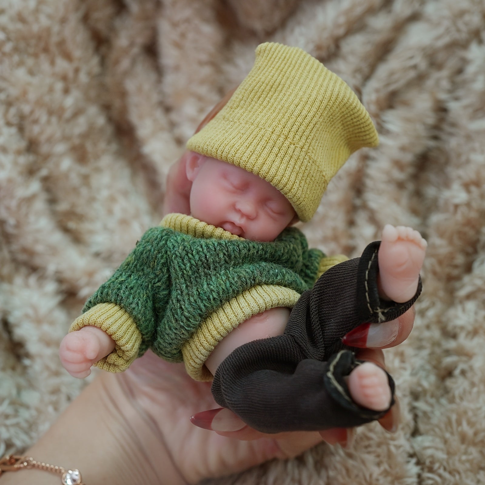 6 Inch Rourou Boy Reborn Doll with Yellow Knit Hat & Green Sweater