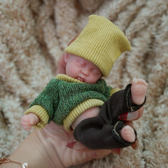 6 Inch Rourou Boy Reborn Doll with Yellow Knit Hat & Green Sweater