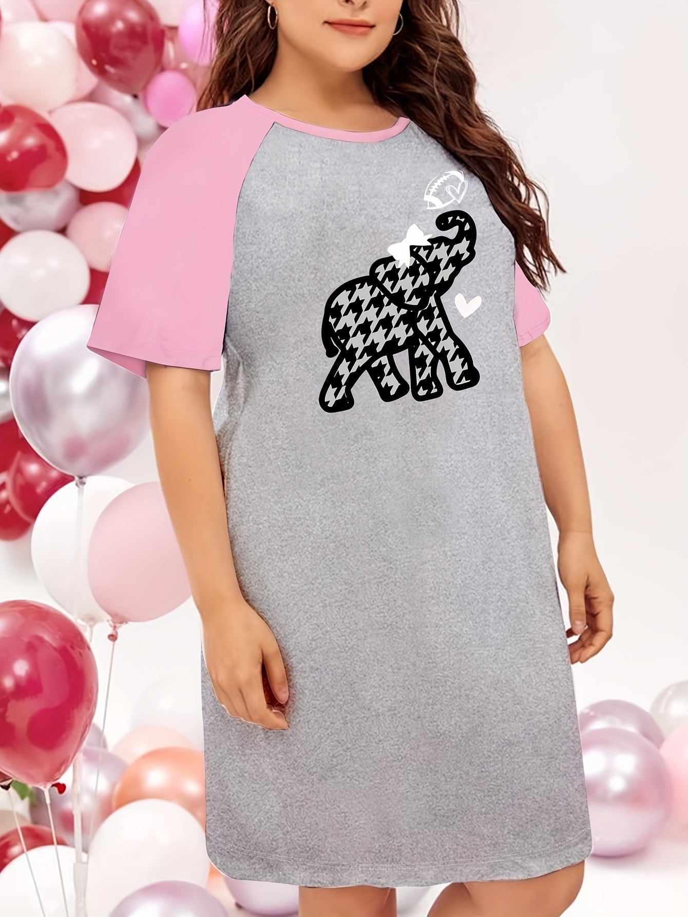  Casual Nightdress Women's Houndstooth Print Raglan Sleeve Tee Sleep