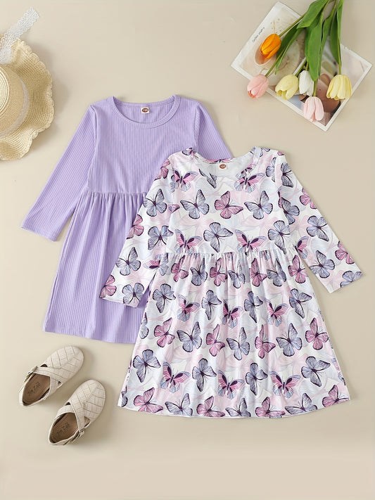 2pcs Girls Soft Rib Knit Long Sleeve Princess Dress