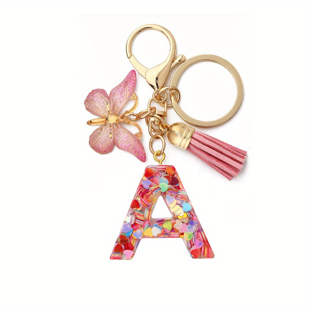 Initial Letter Keychain Tassel Butterfly Pendant Key Ring For Purse Handbags