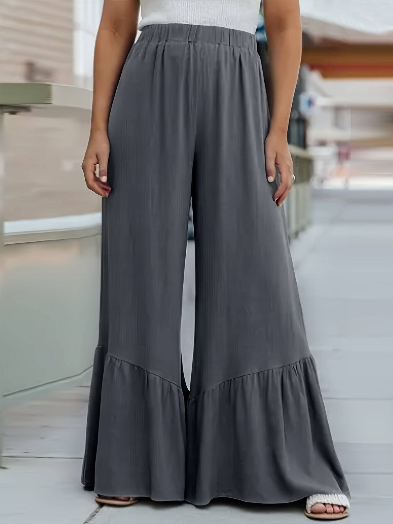  Casual Pants Women's Plus Solid Stitching Ruffle Trim Elastic High Ris