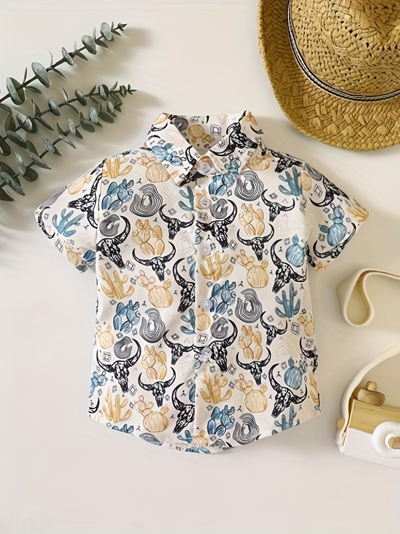 Western Cow Head Short Sleeved Shirt for Boys