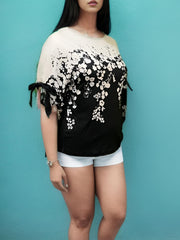  Colorblock Floral Print Tie Sleeve Blouse