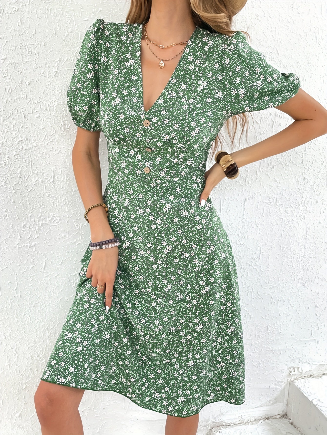 Floral Print Button V Neck Dress