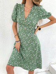 Floral Print Button V Neck Dress