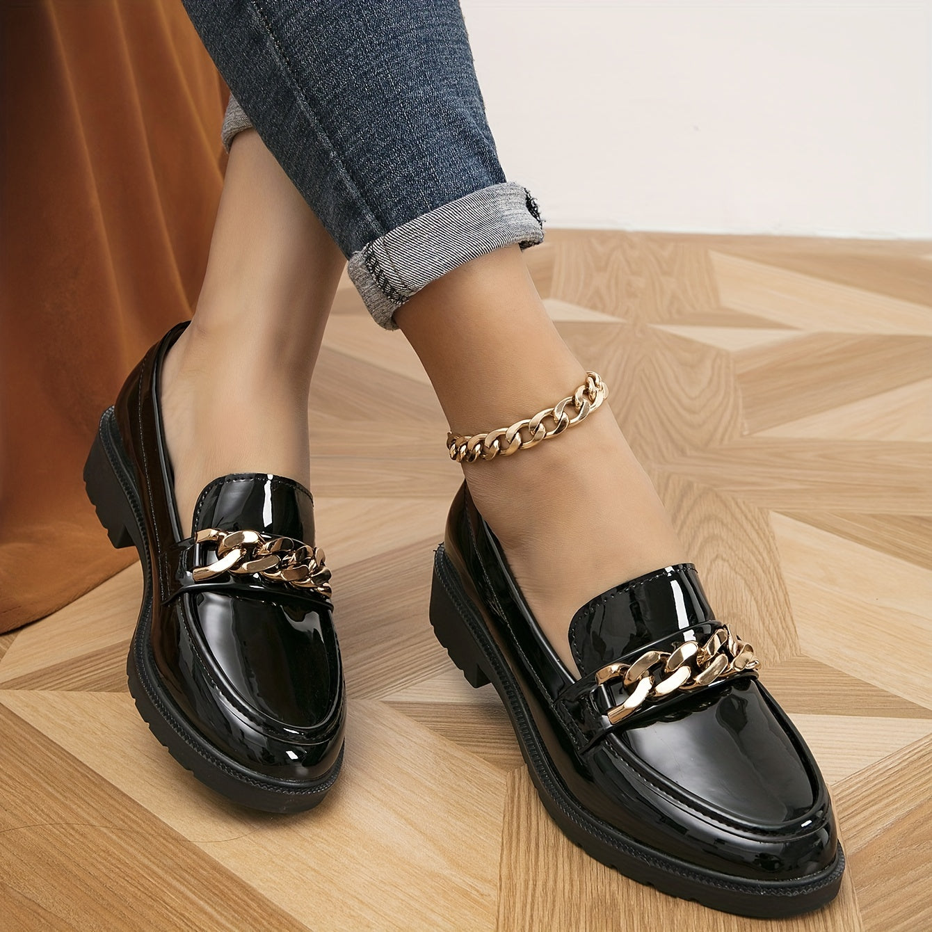 Women's Metallic Chain Decor Loafers Slip On Low Round Toe Non slip Patent Leath