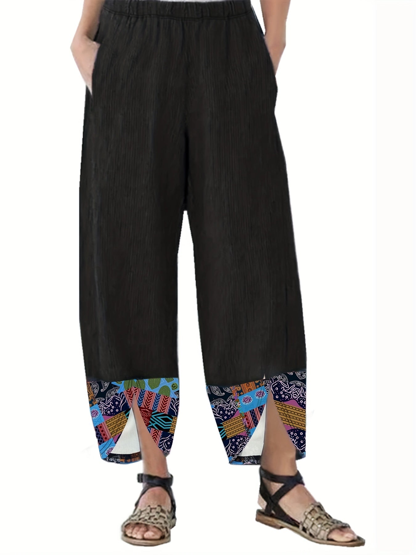  Boho Pants Women's Plus Colorblock Floral Print Elastic Trousers