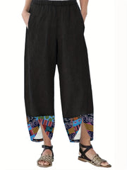  Boho Pants Women's Plus Colorblock Floral Print Elastic Trousers