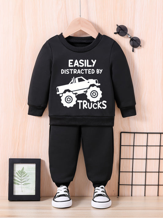 Baby Letter Truck Print Outfits Sweatshirt Tops Pants Set