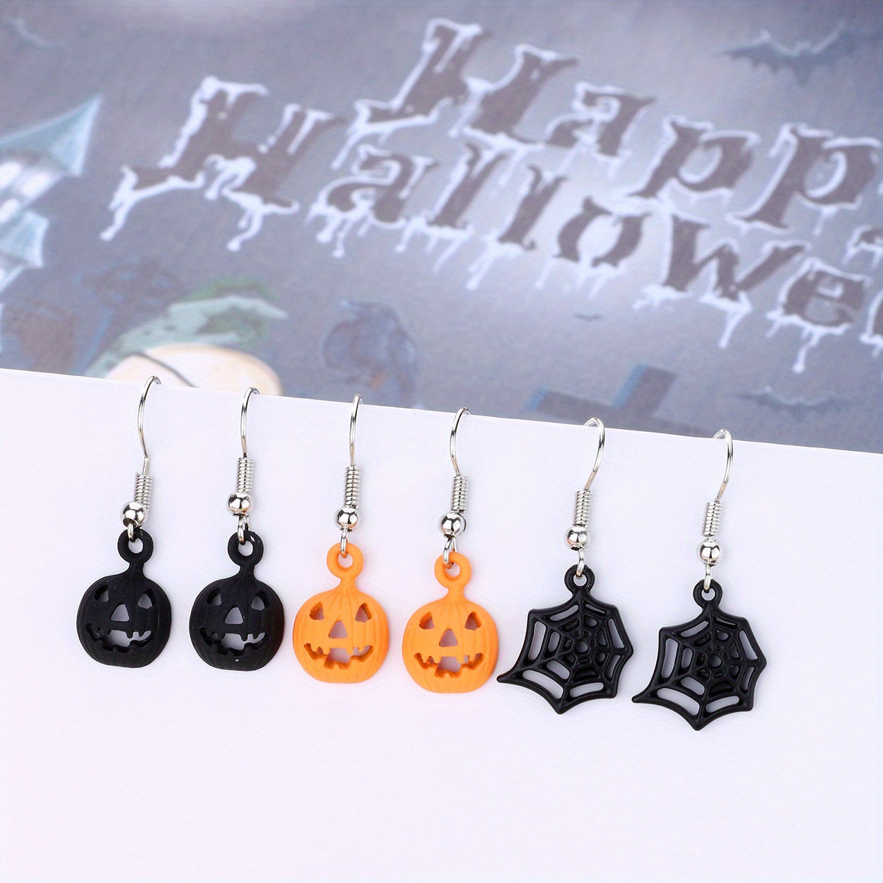 3 Pairs Halloween Pumpkin Spider Web Orange Earrings Set