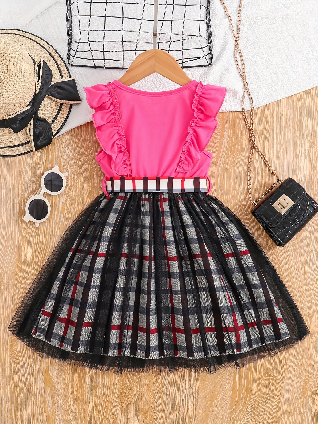 Girls Ruffle Sleeve Plaid Print Princess Dress With Belt