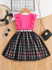 Girls Ruffle Sleeve Plaid Print Princess Dress With Belt