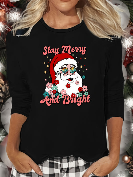 Christmas Santa Print Lounge Top Crew Neck Women's Loungewear