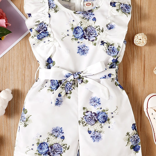 Girls Flowers Print Romper Sleeveless Ruffles Jumpsuit With Belt