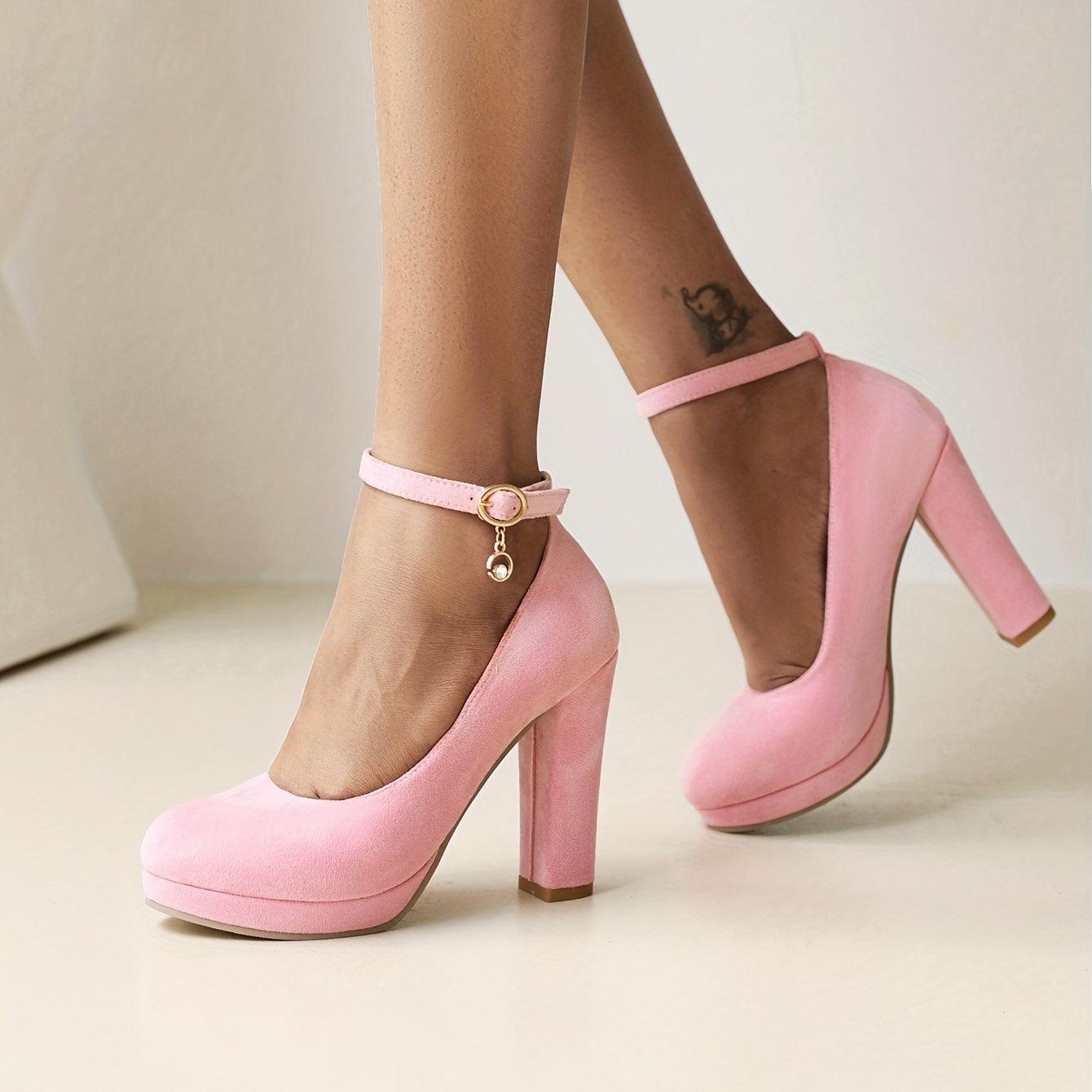 Suede Block Heel Buckle Strap Pumps Wedding Heels