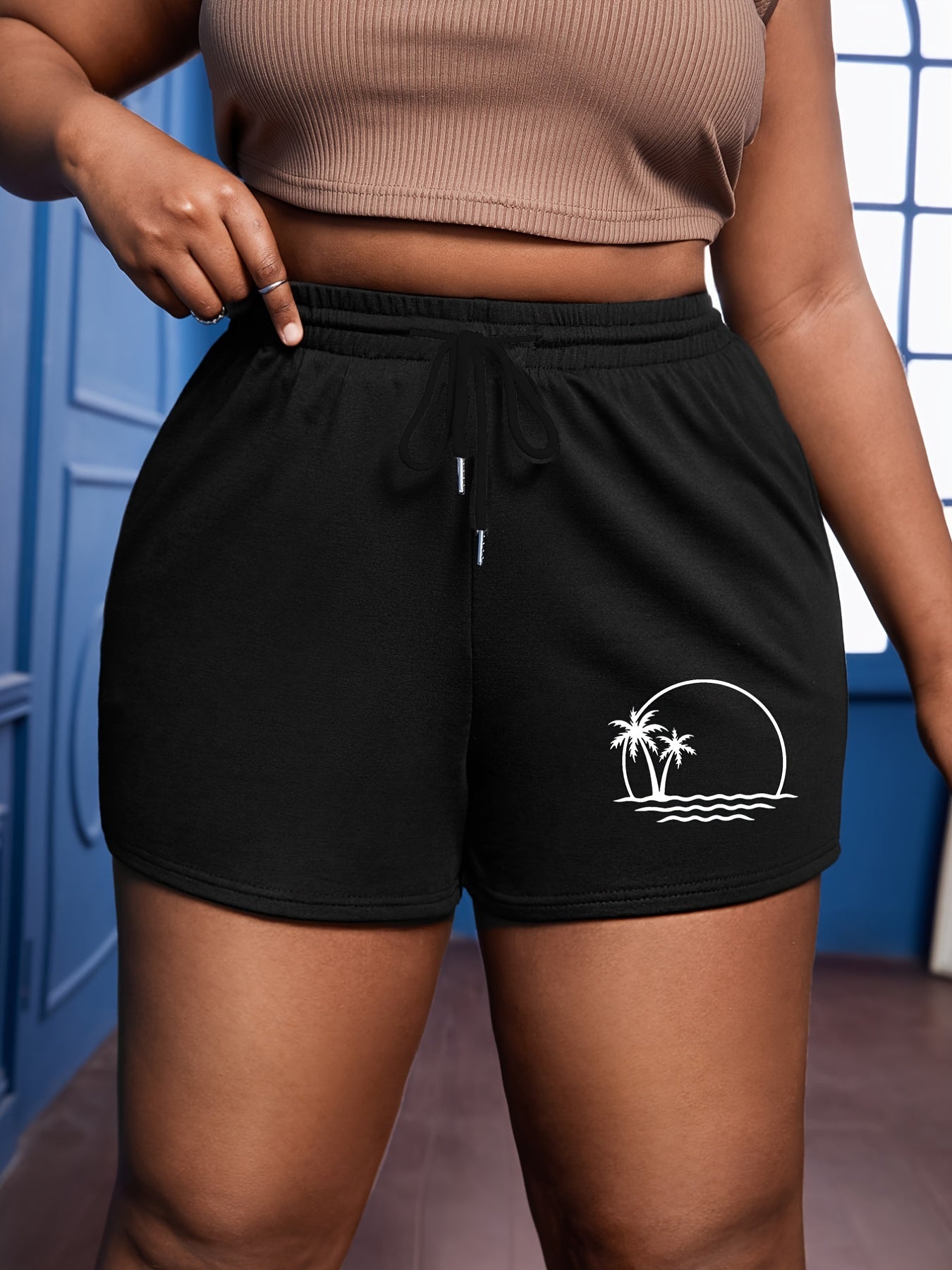  Beach Print Drawstring Shorts