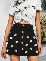 Floral Pattern Denim Skirt Single Breasted Button Women's Denim