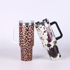 40oz Insulated Tumbler Leopard/Cow Print Stainless Steel Handle Straw Lid