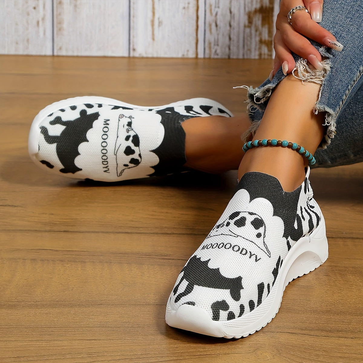 Cow Print Sock Shoes Women Breathable Slip On Sneakers