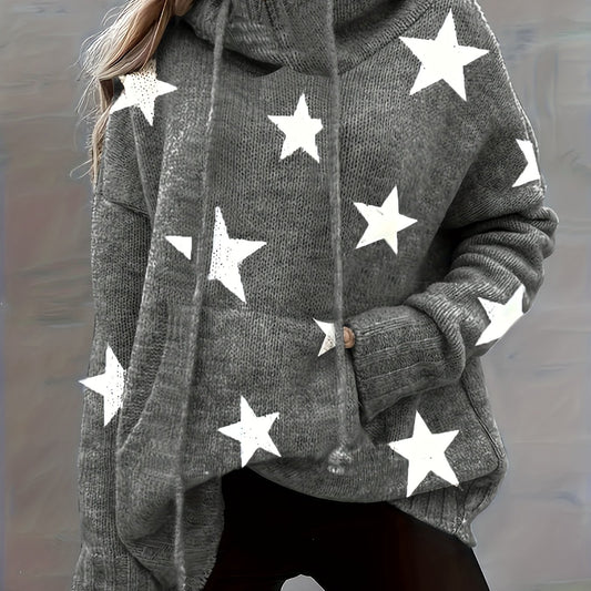  Star Print Long Sleeve Hoodie Sweater With Pockets