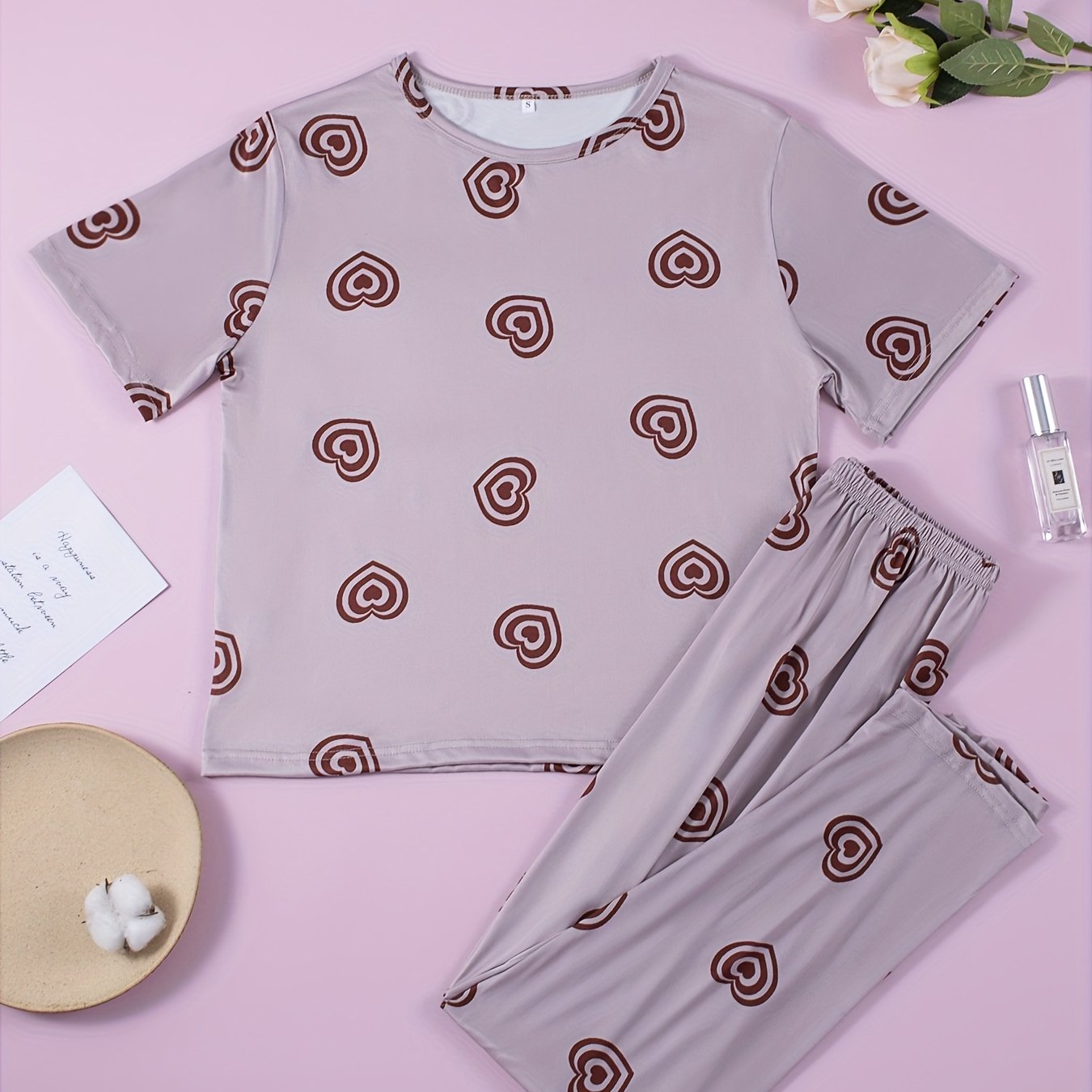 Heart Print Pajama Set Short Sleeve Crew Neck Top & Lounge Pants