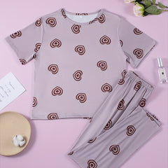 Heart Print Pajama Set Short Sleeve Crew Neck Top & Lounge Pants