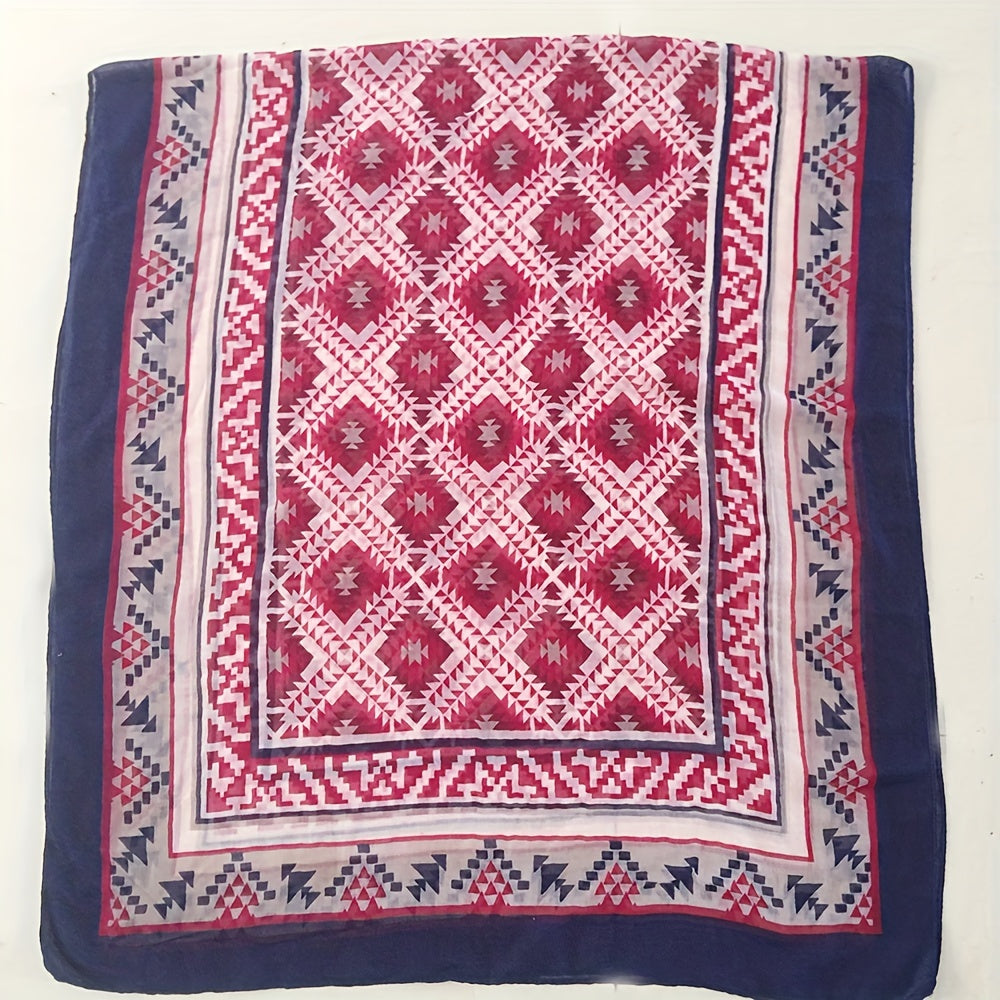 Red Geometric Print Voile Scarf Vintage Thin Classic Windproof Wraps