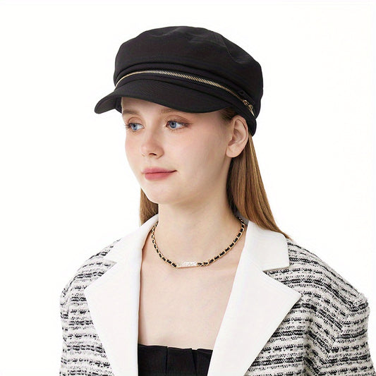 Vintage Zipper Decor Beret Octagonal Cap