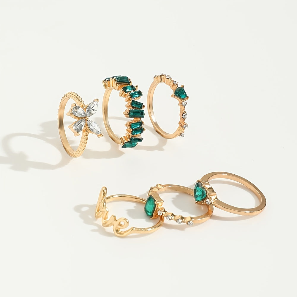 Green Vintage Emerald Heart LOVE Alphabet Butterfly Geometric Ring Set