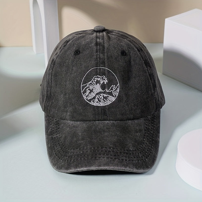 Wave Embroidery Baseball Cap Vintage Washed Distressed Dad Hat
