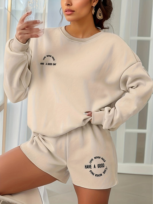 Letter Print Casual Long Sleeve Loose Sweatshirt & Elastic Waist Shorts