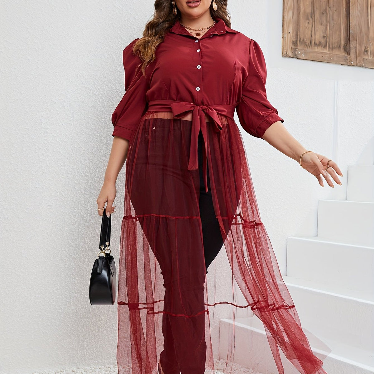  Contrast Mesh Shirt Dress