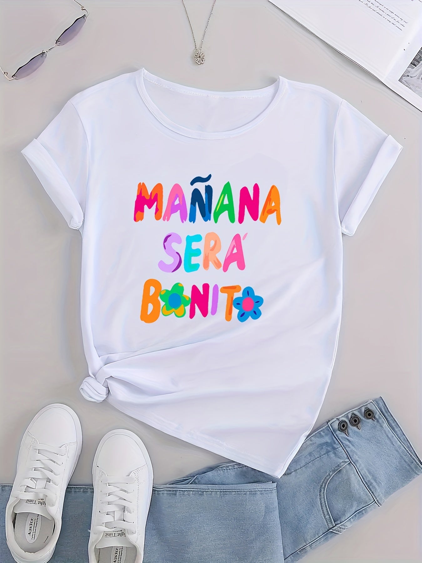 Women's Casual Sporty Graphic Tee Colorful Letters Loose Fit