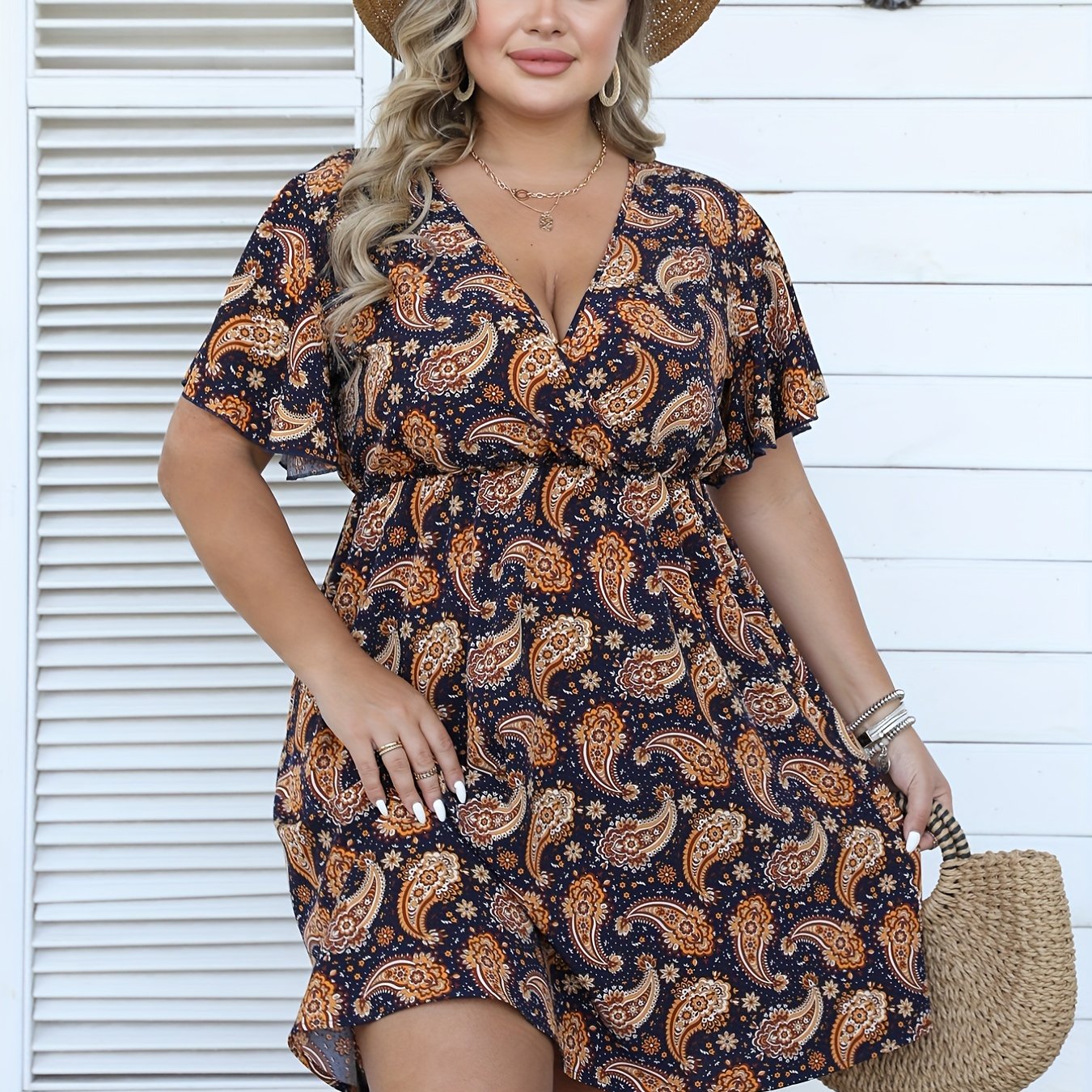 Paisley Print Short Sleeve Mini Dress